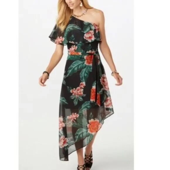 Stunning Roz & Ali Sz 2 One Shoulder Tropical Floral High Low Asymmetrical Dress - Picture 1 of 7